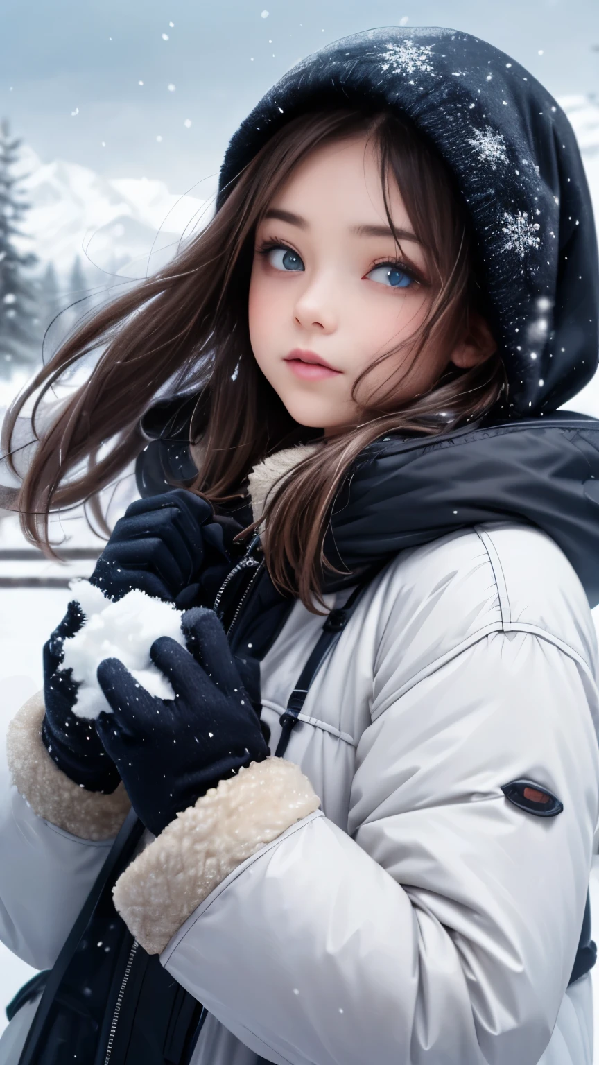 A girl in a snowy landscape, with a fierce wind blowing against her face, creating a sense of motion. The wind brings a biting coldness, as snowflakes swirl in the air. The girl's face shows a mix of determination and annoyance, with flushed cheeks and rosy nose. Her eyes are blue and sharp, capturing the viewer's attention. Her lips are slightly chapped due to the cold weather. She is wearing a cozy winter coat, with a furry hood that partially covers her ears. The hood also has a hint of frost on it, emphasizing the freezing temperatures. The girl's hands are covered by gloves, with delicate snowflakes stitched on them. In the background, a snowy landscape stretches as far as the eye can see, with snow-covered trees and a distant mountain range. The colors are muted, with shades of white, blue, and gray dominating the scene. The lighting is soft and diffused, casting a gentle glow on the girl's face. The overall image is of high quality, with ultra-detailed snowflakes and realistic textures.