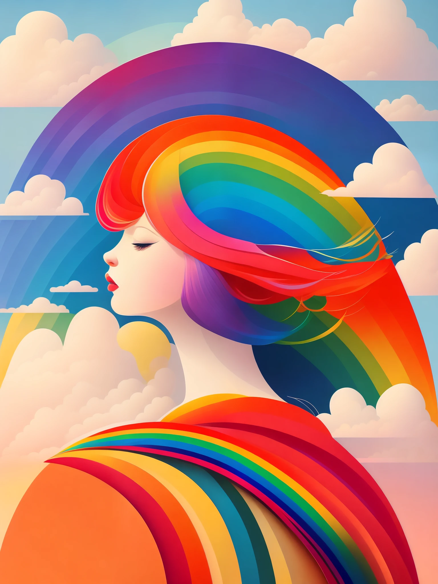 (masterpiece, best quality:1.2),art illustration，girl portrait，often neck，hair by clouds，Extra long hair paved with winding paths，Small silhouette on the path，Baiyun，rainbow，The composition，stitching，trees， rainbow,  , Contrasting colors, in the spring landscape, Abstract surreal colors,rich and colorful, popular geometric surrealism, rainbow色的梦想， icon design, Rozmin trip, vector art，