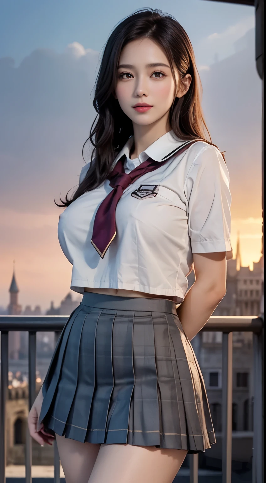(highest quality:1.4), (hyper quality), (Super detailedな), 1 beautiful girl, Super cute, wonderful face and eyes, (school uniform, pleated mini skirt:1.5), (Beautiful and large breasts:1.1), (slender body:1.1), (thin legs), real skin texture, bright and shiny lips, Beautiful Goddess Advent, beautiful background, golden ratio, conceptual art, Super detailed, Accurate, advanced details, outdoor, (beautiful huge castle:1.5), sexy art, surrounded by a beautiful sunset, bright light, Super delicate illustration details, Highly detailed CG integrated 8K wallpaper, RAW photo, professional photos, cinematic lighting, Super gorgeous illustrations, Depth of bounds written, Her nipples are pushing up her uniform., cropped tops, I&#39;m holding down my skirt so my panties aren&#39;t visible.