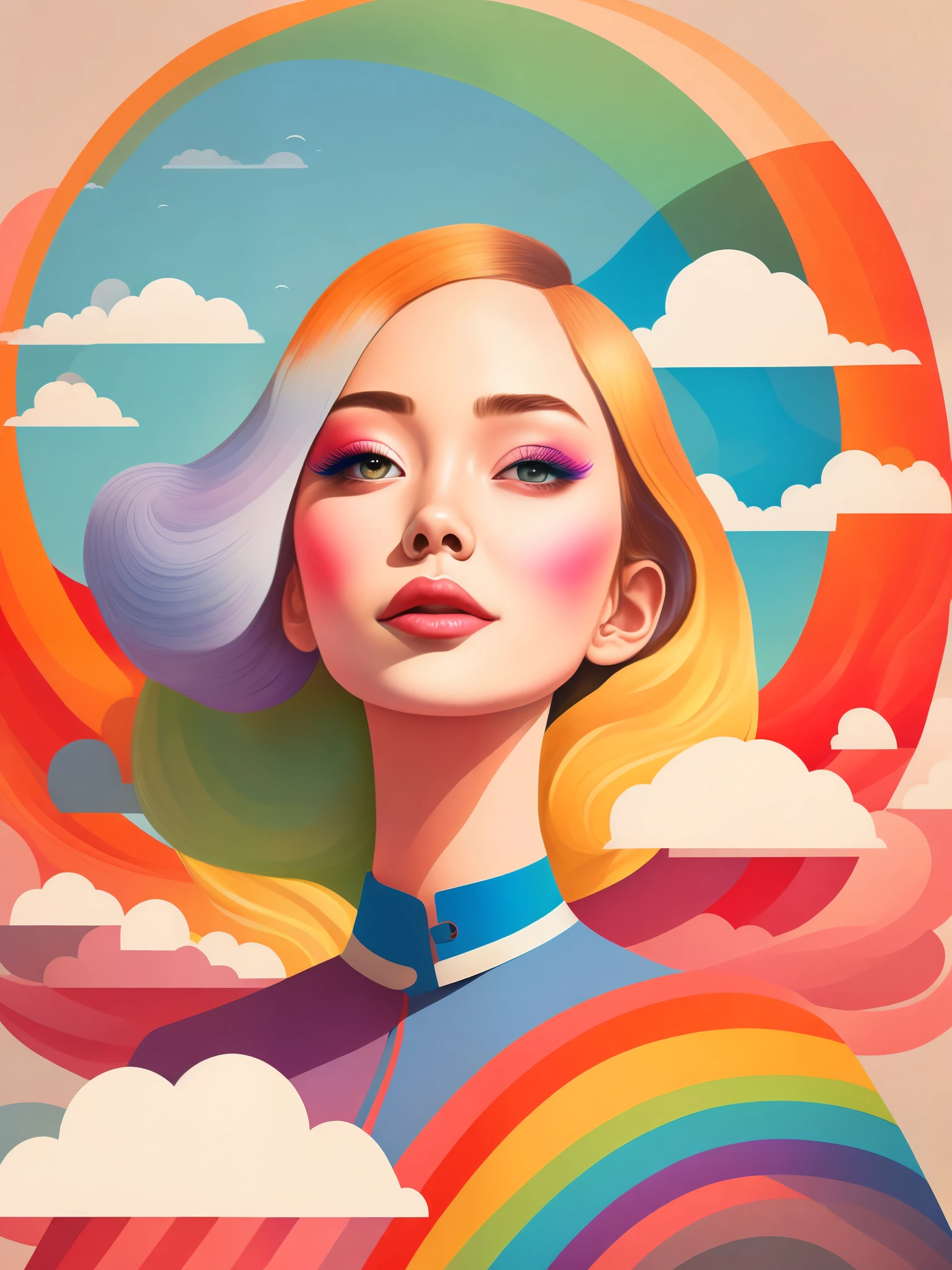 (masterpiece, best quality:1.2),art illustration，girl portrait，often neck，hair by clouds，Baiyun，rainbow，The composition，stitching，dislocation，trees， rainbow,  , Contrasting colors, in the spring landscape, Abstract surreal colors,rich and colorful, popular geometric surrealism, rainbow色的梦想， icon design, Rozmin trip, vector art，Exaggerated expression，