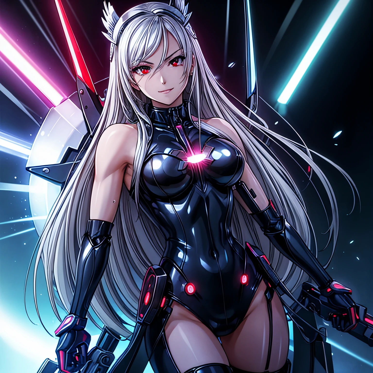 top-quality、​masterpiece、超A high resolution、(Photorealsitic:1.4)、女の子1人、silver hair、Straight hair, shiny and clean hair、White shiny skin、Sexy Cyberpunk Girl、((super realistic details))、Shadow、octan render、ultrasharp、hyperdetailed face、Fiberglass、Luminous tube、highly intricate detail、Realistic light、CGSoation Trends、(red eyes with slit pupils)、(Facing the camera)、neon details、Mechanical limbs、Mechanical vertebrae attached to the back、mechanical cervical attaching to neck、Wires and cables connecting to the head、((valkyrie))、((Beam Cannon))、Combat stance、((seductive pose:0.8))、(light_Smile:1.0)、full body、