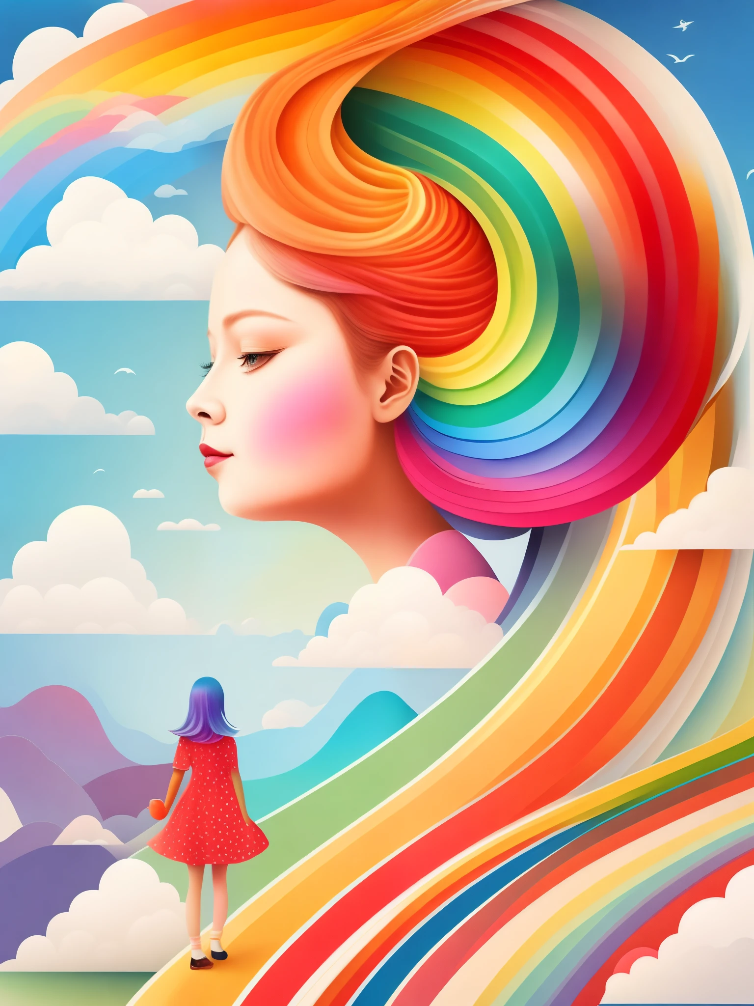 (best quality:1.2),artistic illustration,portrait of a girl in the sky,with an elongated neck,long and curved rainbow-colored hair flowing into a winding path,a small figure on the path,distant white clouds,rainbow,composition,collage,trees,rainbow,contrasting colors,in a spring landscape,abstract surreal colors,vibrant,modern geometric surrealism,rainbow-colored dreams,icon design,roseate journey,vector art.