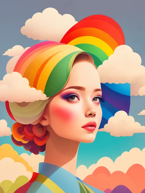 (masterpiece, best quality:1.2),art illustration，girl portrait，often neck，hair by clouds，Baiyun，rainbow，The composition，stitchin...