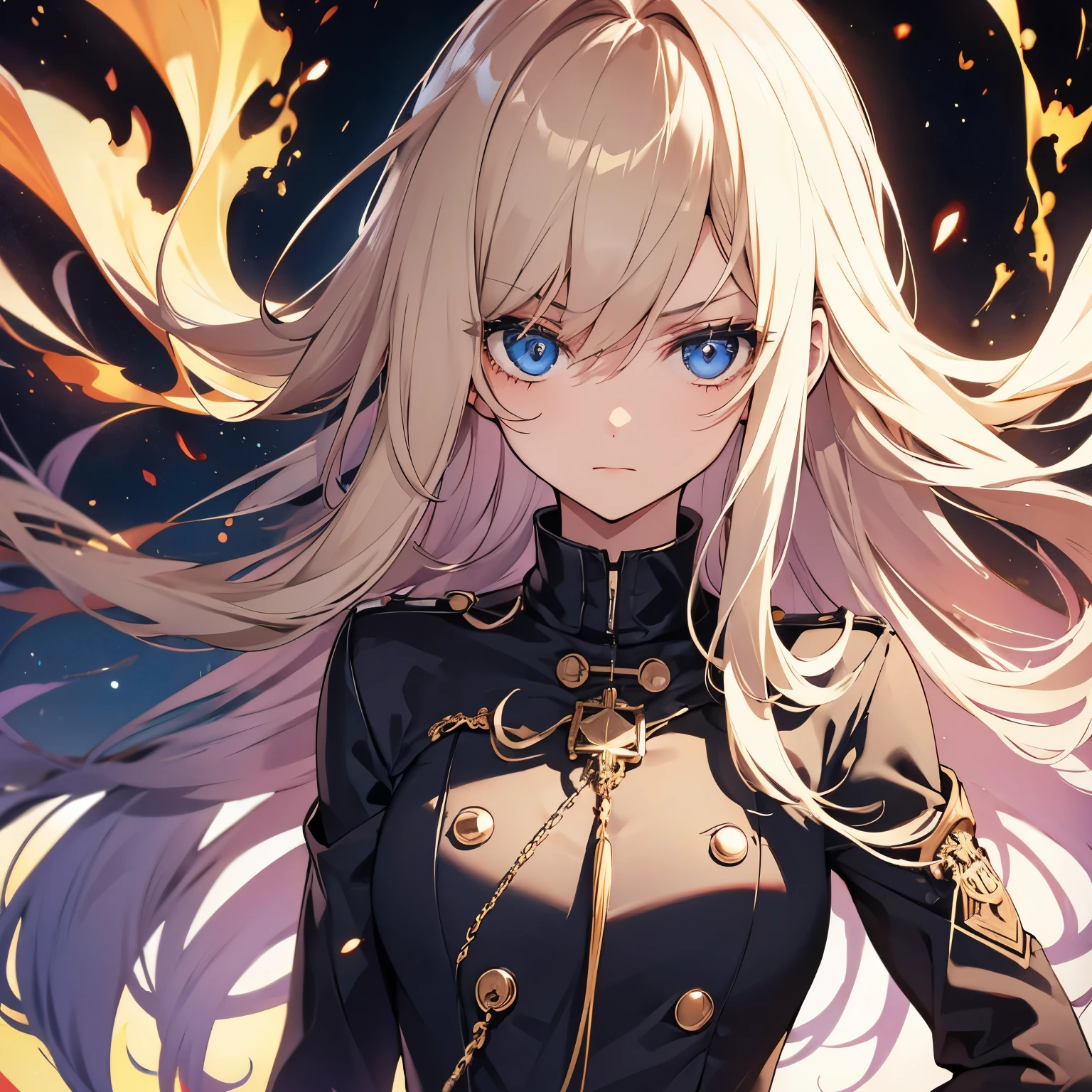 1 girl, blonde hair, ((blue eyes)), beautiful girl, (straight hair), black uniform, ((detailed eyes)), mad, angry, fighting pause