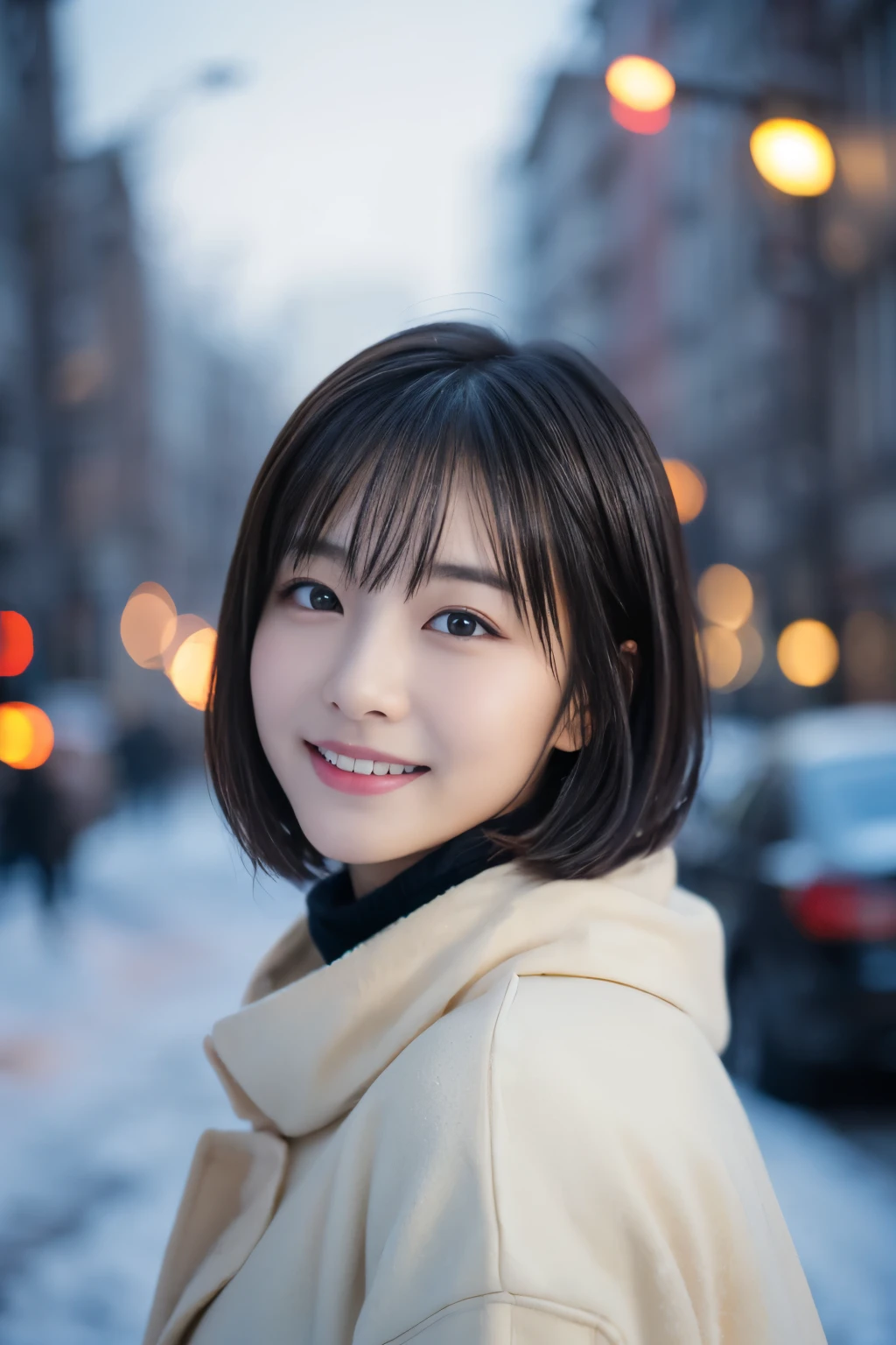 1 girl, (casual winter outfit:1.2), beautiful japanese actress, (15 years old), short hair,
(RAW photo, highest quality), (realistic, Photoreal:1.4), masterpiece, 
very delicate and beautiful, very detailed, 2k wallpaper, wonderful, 
finely, very detailed CG Unity 8K 壁紙, Super detailed, High resolution, 
soft light, beautiful detailed girl, very detailed目と顔, beautifully detailed nose, beautiful and detailed eyes, cinematic lighting, 
break
(Against the backdrop of a snowy night cityscape 1.3), city lights, 
perfect anatomy, slender body, smile, Face the front completely, look at the camera