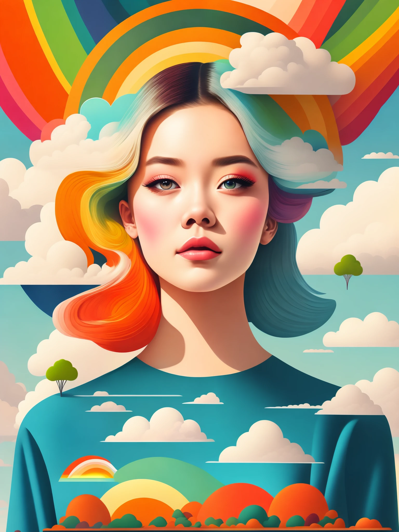 (masterpiece, best quality:1.2),art illustration，girl portrait，often neck，hair by clouds，baiyun，rainbow，The composition，stitching，dislocation，trees， rainbow,  , Contrasting colors, in the spring landscape, Abstract surreal colors,rich and colorful, popular geometric surrealism, Rainbow color dream， icon design, Rozmin trip, vector art，Exaggerated expression，