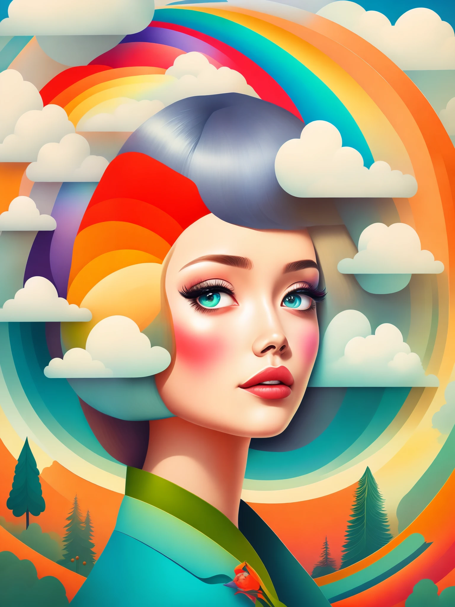 (masterpiece, best quality:1.2),art illustration，girl portrait，often neck，hair by clouds，Baiyun，rainbow，The composition，stitching，dislocation，trees， rainbow,  , Contrasting colors, in the spring landscape, Abstract surreal colors,rich and colorful, popular geometric surrealism, rainbow色的梦想， icon design, Rozmin trip, vector art，Exaggerated expression，