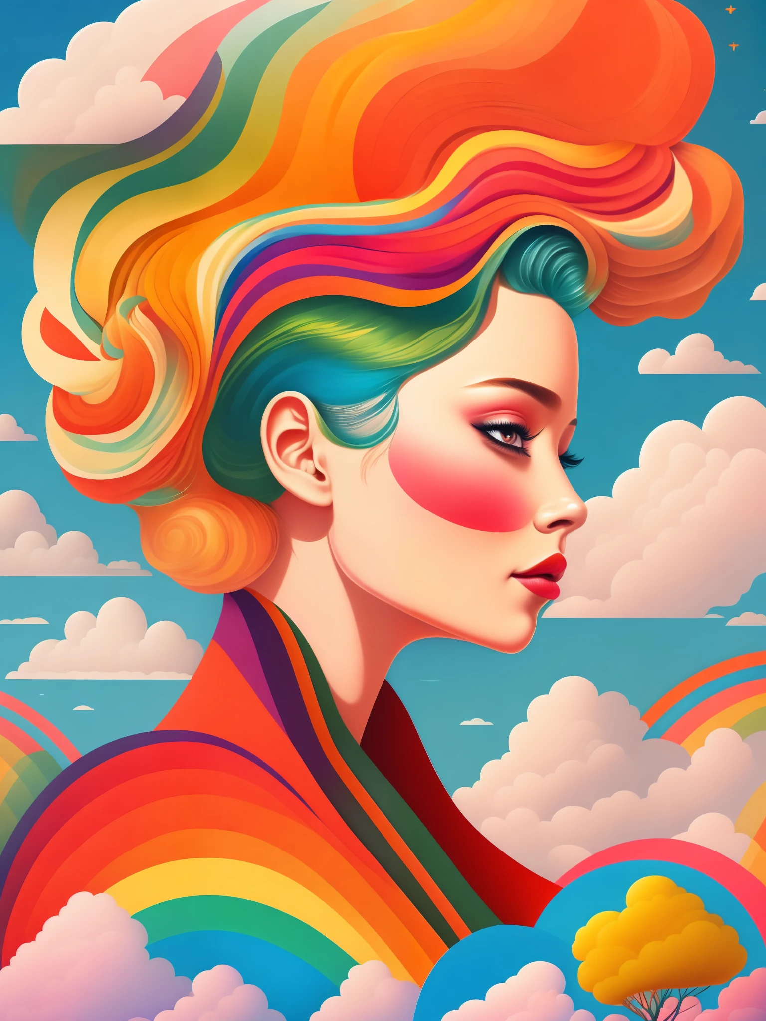 (masterpiece, best quality:1.2),art illustration，girl portrait，Long neck，hair by clouds，Baiyun，rainbow，The composition，stitching，dislocation，trees， rainbow,  , Contrasting colors, in the spring landscape, Abstract surreal colors,rich and colorful, popular geometric surrealism, rainbow色的梦想， icon design, Rozmin trip, vector art，Exaggerated expression，