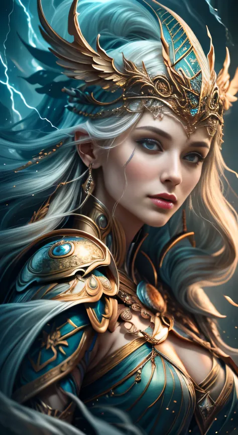(((Masterpiece))), "Mighty Valkyrie of Strength and power, Lady of Thunder transcending the Norse, germanic, e mitologias gregas...