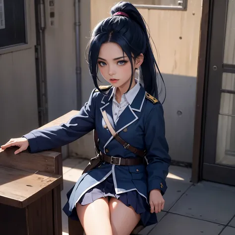 1girl, solo, Laura S. Arseid (long dark blue hair, ponytail and side Bang, small ), (inspired by trails of cold steel) in a school dress showing off her panties, in a military school, embarrassed