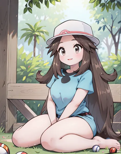 leaf Pokemon, full body, curvy body, beautiful detailed eyes, beautiful detailed lips, long eyelashes, visible thighs, thick thighs, sitting, knees together, smile, in a public park, pokemon, vibrant colors, soft lighting, (best quality, 4k, highres, maste...