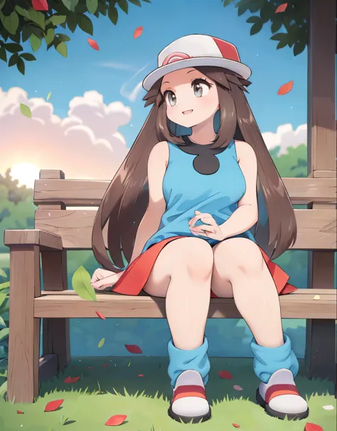 leaf Pokemon, full body, curvy body, beautiful detailed eyes, red skirt, blue shirt, sleeveless, white hat, loose socks, white footwear, long eyelashes, visible thighs, thick thighs, sitting, knees together, smile, in a public park, pokemon, sunset, vibran...