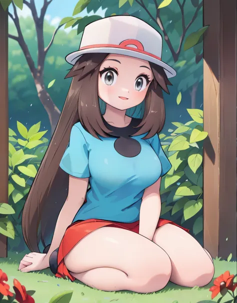 leaf Pokemon, full body, curvy body, beautiful detailed eyes, beautiful detailed lips, long eyelashes, visible thighs, thick thighs, sitting, red skirt, blue shirt, knees together, smile, in a public park, pokemon, vibrant colors, soft lighting, (best qual...