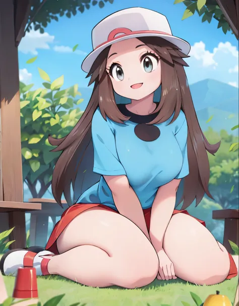 leaf Pokemon, full body, curvy body, beautiful eyes, detailed eyes, long eyelashes, visible thighs, thick thighs, sitting, red skirt, blue shirt, knees together, smile, in a public park, picnic, pokemon, vibrant colors, soft lighting, (best quality, 4k, hi...