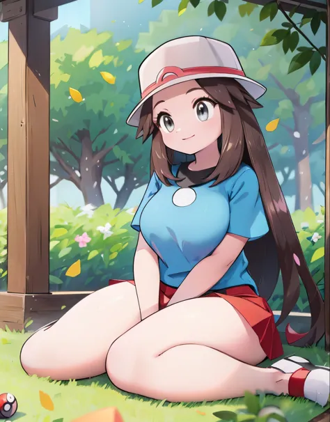 leaf Pokemon, full body, curvy body, beautiful eyes, detailed eyes, long eyelashes, visible thighs, thick thighs, sitting, red skirt, blue shirt, knees together, smile, in a public park, picnic, pokemon, vibrant colors, soft lighting, (best quality, 4k, hi...