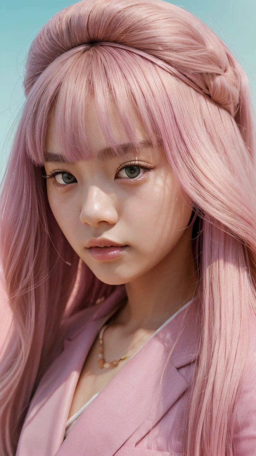 Vogue style photo shoot of korean teenage girl, long big afri hair with pastel colored background in Wes Anderson style, hyper - realistic photography, Wes Anderson style, full body, 8k, close - up shot, extreme close - up photo