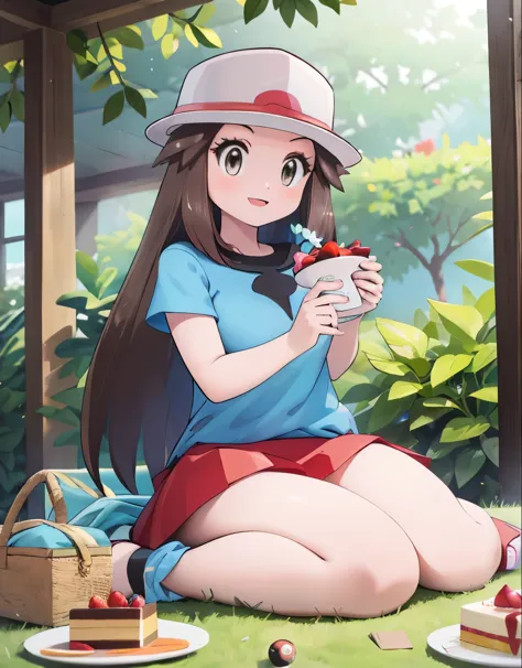 leaf Pokemon, full body, curvy body, beautiful eyes, detailed eyes, long eyelashes, visible thighs, sitting, red skirt, blue shirt, knees together, smile, on a picnic, cake, food, drinks, chocolates, a bouquet of flowers, pokeballs, pokemon, vibrant colors...