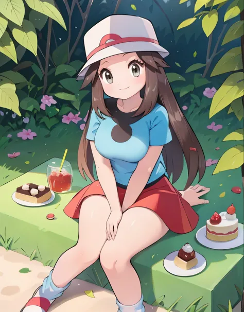 1girl, leaf Pokemon, full body, curvy body, beautiful eyes, detailed eyes, long eyelashes, visible thighs, sitting, red skirt, blue shirt, knees together, smile, upskirt, white panties, on a picnic, cake, food, drinks, chocolates, a bouquet of flowers, pok...
