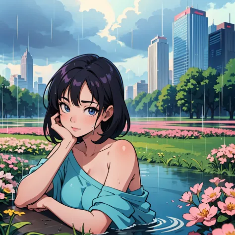 mature anime style, rain on face, cloudy sky, beautiful asian girl, off shoulder,  heavenly aura around, field of flowers, desti...
