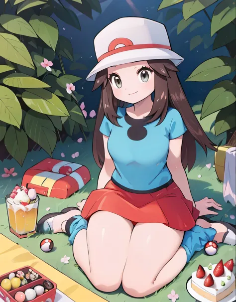 1girl, leaf Pokemon, full body, curvy body, beautiful eyes, detailed eyes, long eyelashes, visible thighs, sitting, red skirt, blue shirt, knees together, smile, upskirt, white panties, on a picnic, cake, food, drinks, chocolates, a bouquet of flowers, pok...
