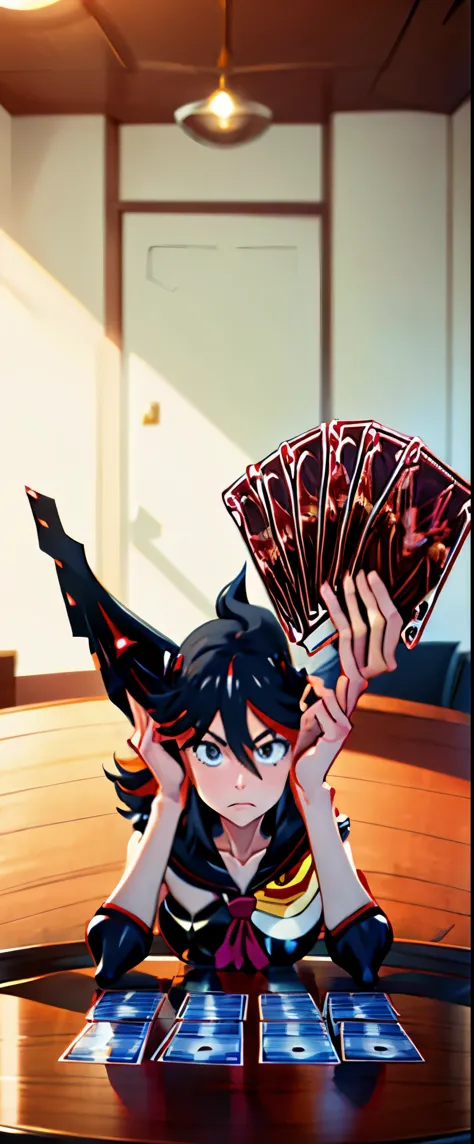 1 solo ryuuko matoi holding, card, table, holding card, sitting, indoors, playing card, pov across table