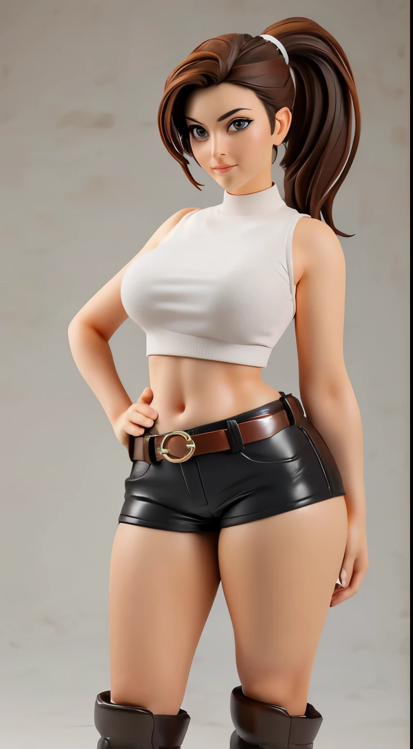 1girl, 30 years old, mature, brown hair, ponytail, (topless:1.1), (hotpants and belt:1.4), boots, as pvc figure, looking at viewer, perfect hands, medium sagging breast, navel, belly button, (Thick body:1.3), ultra realistic digital art, a 3D render, photorealism, clean scene, white background, shinny floor, white floor, circular stand, high detailed, masterpiece,  