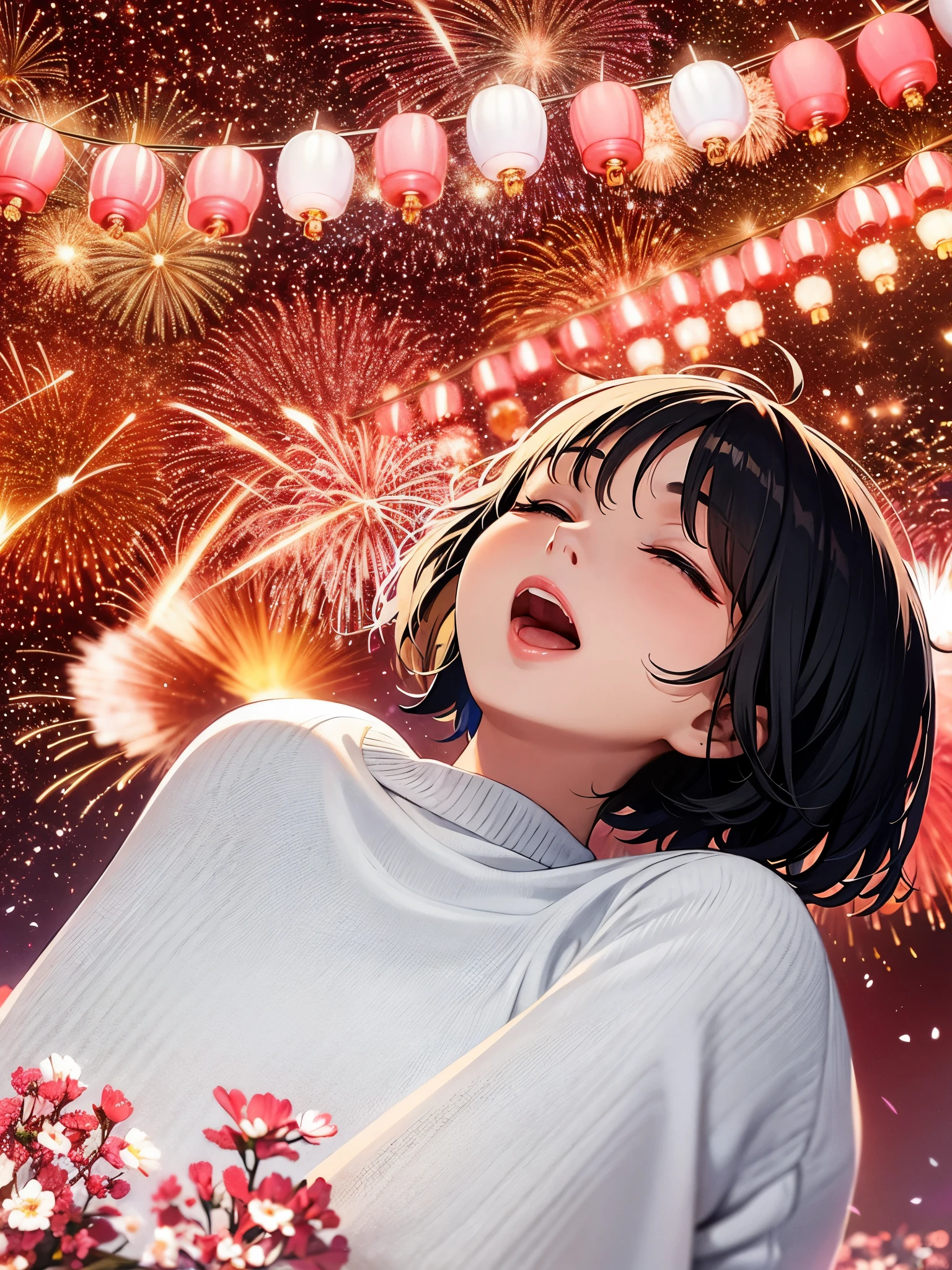 open mouth,short hair,sleeping girl,white sweater,Background of fireworks,Spring Festival