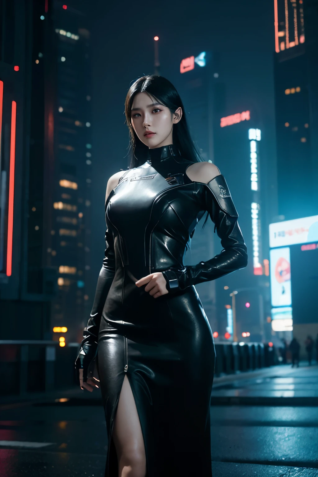 a woman, black hair, long hair, korean, shiny dress, cyberpunk, futuristic city, ((masterpiece)), ((best quality)), cyberpunk style, detroit become human style.