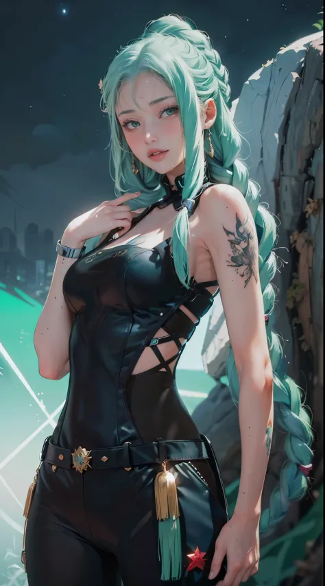 uma mulher com cabelo verde e tatuagens, mulher cyberpunk mulher anime, pants, Deusa cyberpunk raivosa bonita, estilo de arte cy...