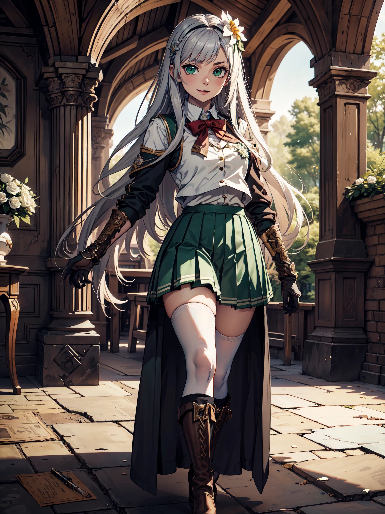 Ultra High Definition, Ultra High Quality, Hyper Definition, Hyper Quality, Hyper Detailed, Extremely Detailed, Perfectly Detailed, 8k, 1 Anime Female,  Long Silver Hair, Women's Vest, ((Luxury School Pleated Skirt)), Brown Boots On Heels, Tights, Gloves, Solid Green Eyes, Cheerful Expression, White Flower Barrette, Dressed in  , Forest Panoramic Background