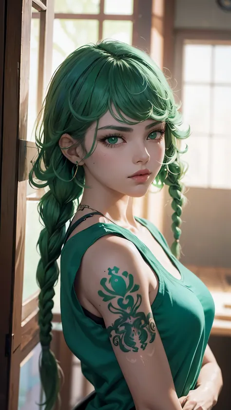 uma mulher com cabelo verde e tatuagens, mulher cyberpunk mulher anime, pants, Deusa cyberpunk raivosa bonita, estilo de arte cy...