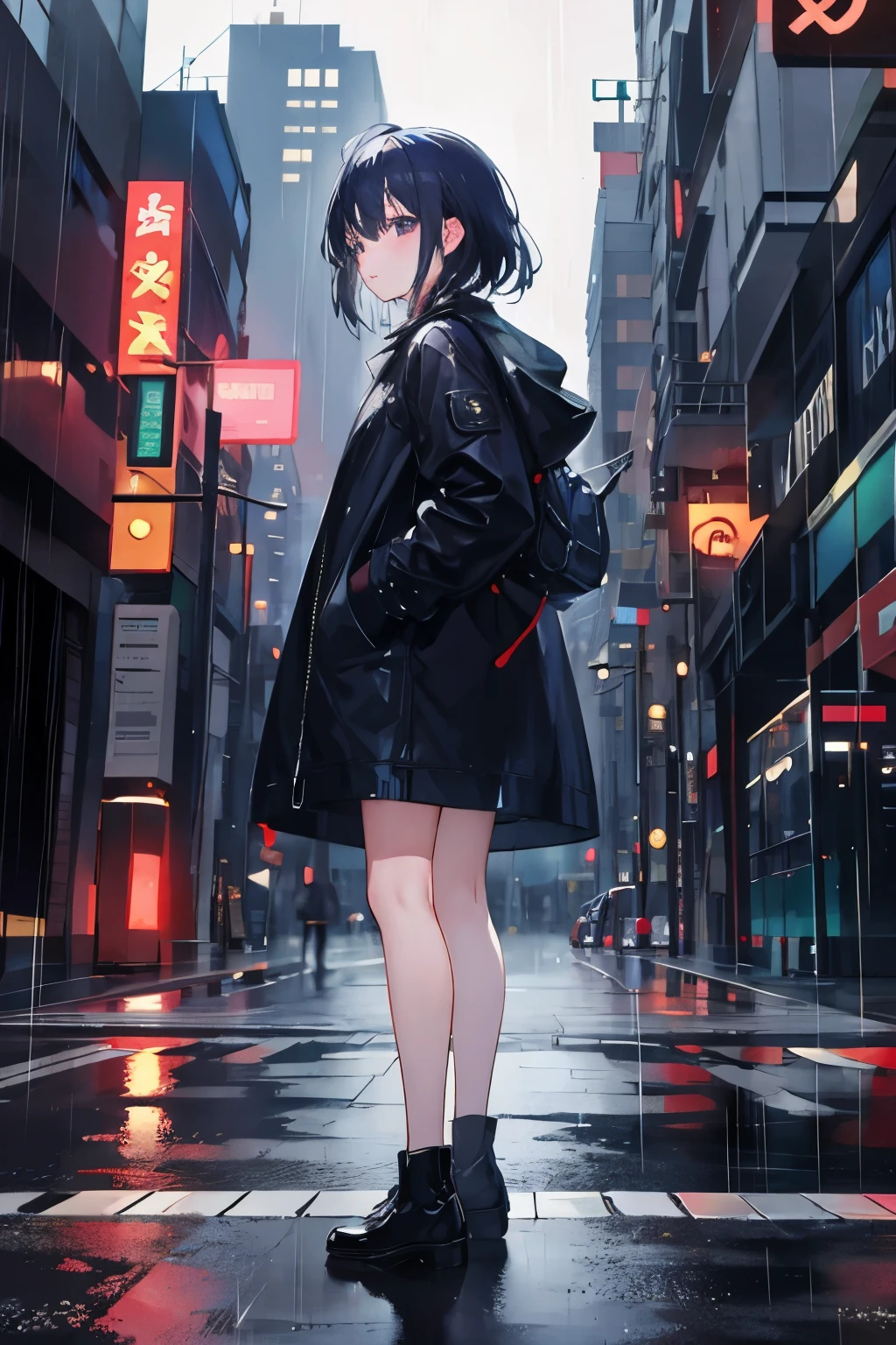 Anime girl en manteau noir debout au coin de la rue en ville - SeaArt AI