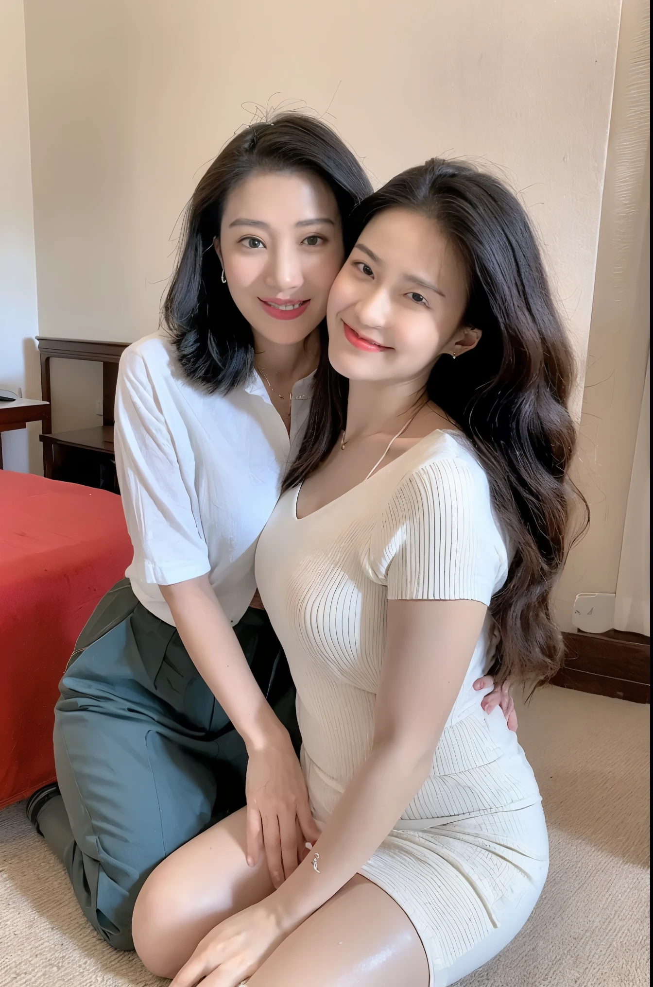 Two women sitting on the floor posing for a picture - SeaArt AI