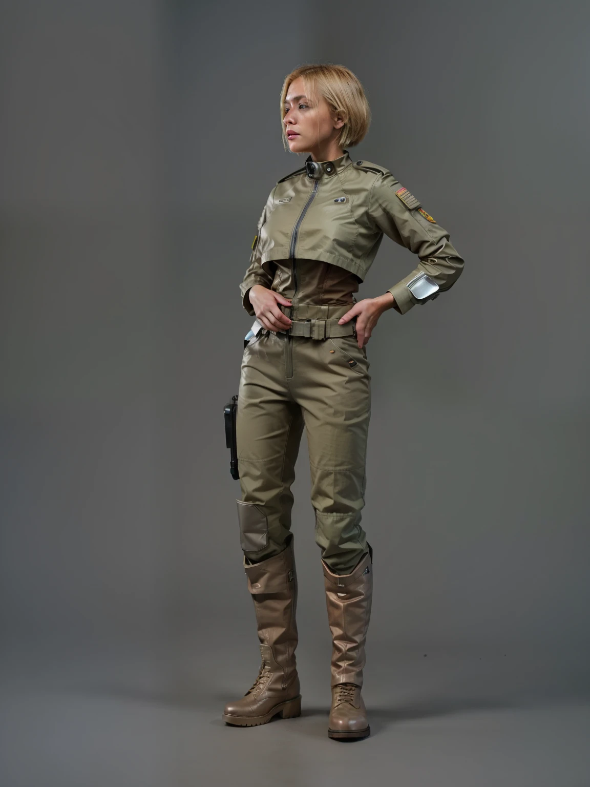 a close up of a blond officer in a suit and boots, female lead character, sci fi female character, sci-fi female, short hair female character, sci - fi character, scifi character, dystopian scifi outfit, full body shot hyperdetailed, dystopian sci-fi character, scifi blond woman, futuristic starship crew member, clothed in sci-fi military armor, scifi character render, engineer, officer