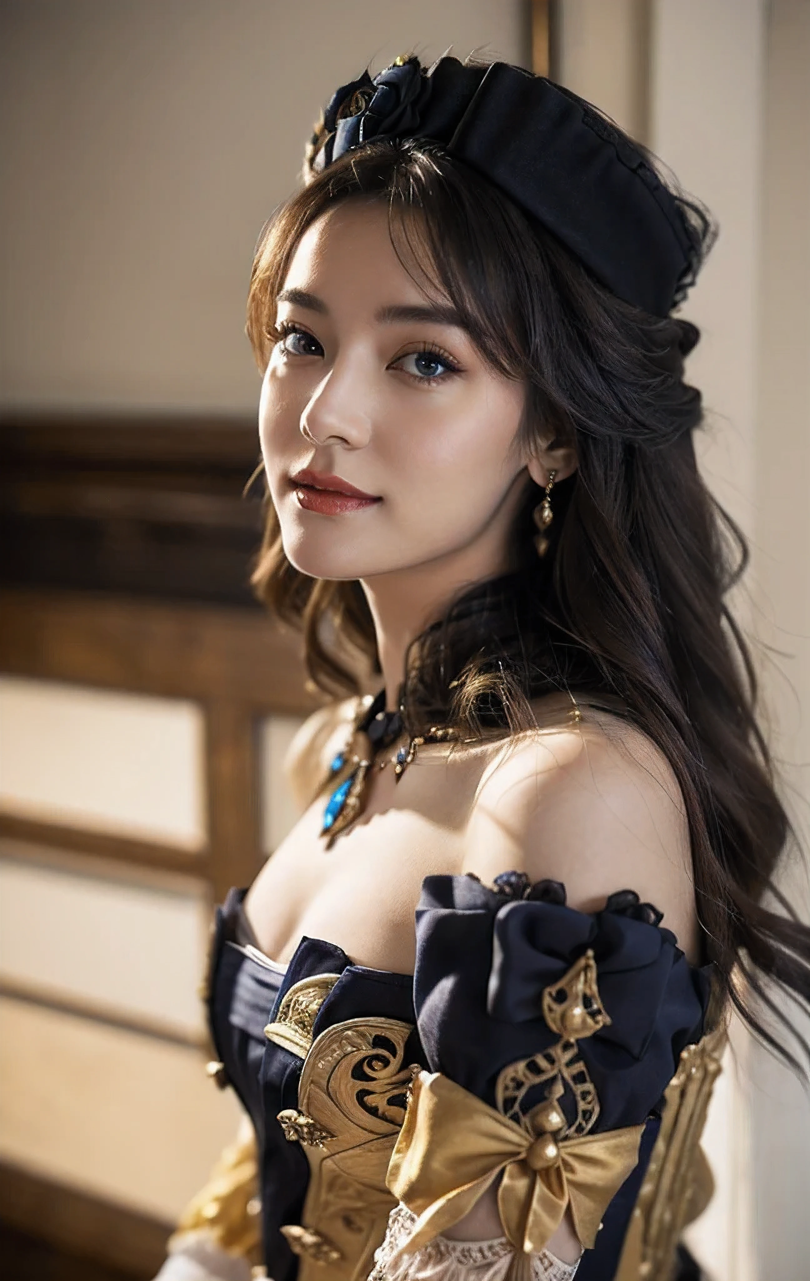 18-year-old girl, people portrait, (seducing:1.5, smirking, smirking), (off shoulder), 
navia /(genshin impact/), (looking at viewer), (cleavage, breasts, cleavage),  blue diamond necklace, 
(ornate gown), (a navy, white, and black bodice), black bodice, black, sleeveless low-cut bodice, golden decorations, open chest, extremely beautiful face, detailed face, detached sleeves, white ruffles, navy bows on sleeves, (off the shoulder puff trimmed with black lace, white ruffles and navy and yellow bows ), long hair, curly hair, golden hair, (blonde hair), ombre hair, tight-fitting sleeves with golden decorations and blue stones, 
black and yellow long skirt, long train, open skirt at front, 
masterpiece, best quality,highres, 1girl, navia, black headwear, wariza, bare shoulders，sufficient light, 85mm, Canon, f/2.8, UHD,RAW,retina, masterpiece, ccurate, anatomically correct, textured skin, super detail, high details, high quality, award winning, best quality, highres, 8k,a girl,
 black thighhighs