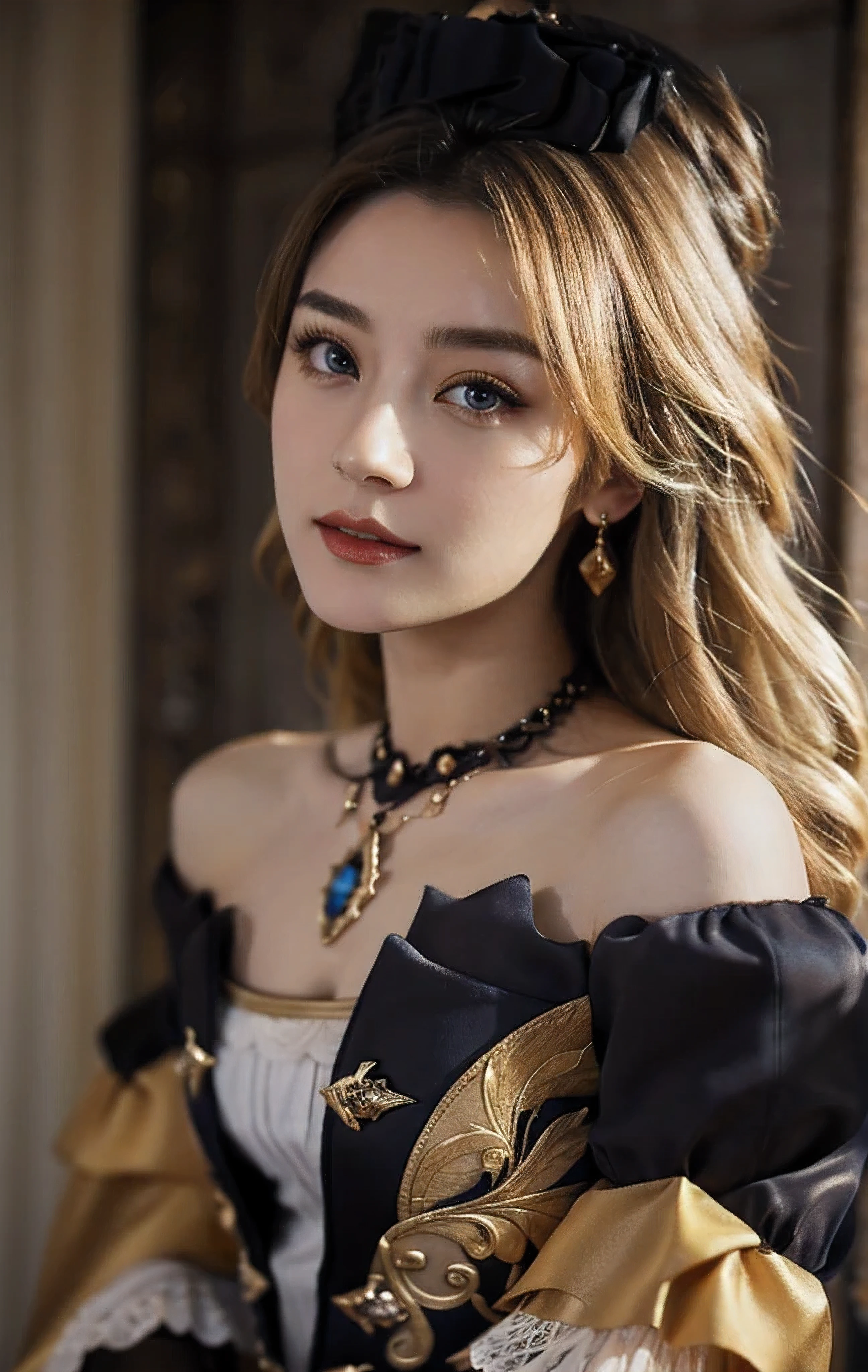 18-year-old girl, people portrait, (seducing:1.5, smirking, smirking), (off shoulder), 
navia /(genshin impact/), (looking at viewer), (cleavage, breasts, cleavage),  blue diamond necklace, 
(ornate gown), (a navy, white, and black bodice), black bodice, black, sleeveless low-cut bodice, golden decorations, open chest, extremely beautiful face, detailed face, detached sleeves, white ruffles, navy bows on sleeves, (off the shoulder puff trimmed with black lace, white ruffles and navy and yellow bows ), long hair, curly hair, golden hair, (blonde hair), ombre hair, tight-fitting sleeves with golden decorations and blue stones, 
black and yellow long skirt, long train, open skirt at front, 
masterpiece, best quality,highres, 1girl, navia, black headwear, wariza, bare shoulders，sufficient light, 85mm, Canon, f/2.8, UHD,RAW,retina, masterpiece, ccurate, anatomically correct, textured skin, super detail, high details, high quality, award winning, best quality, highres, 8k,a girl,
 black thighhighs