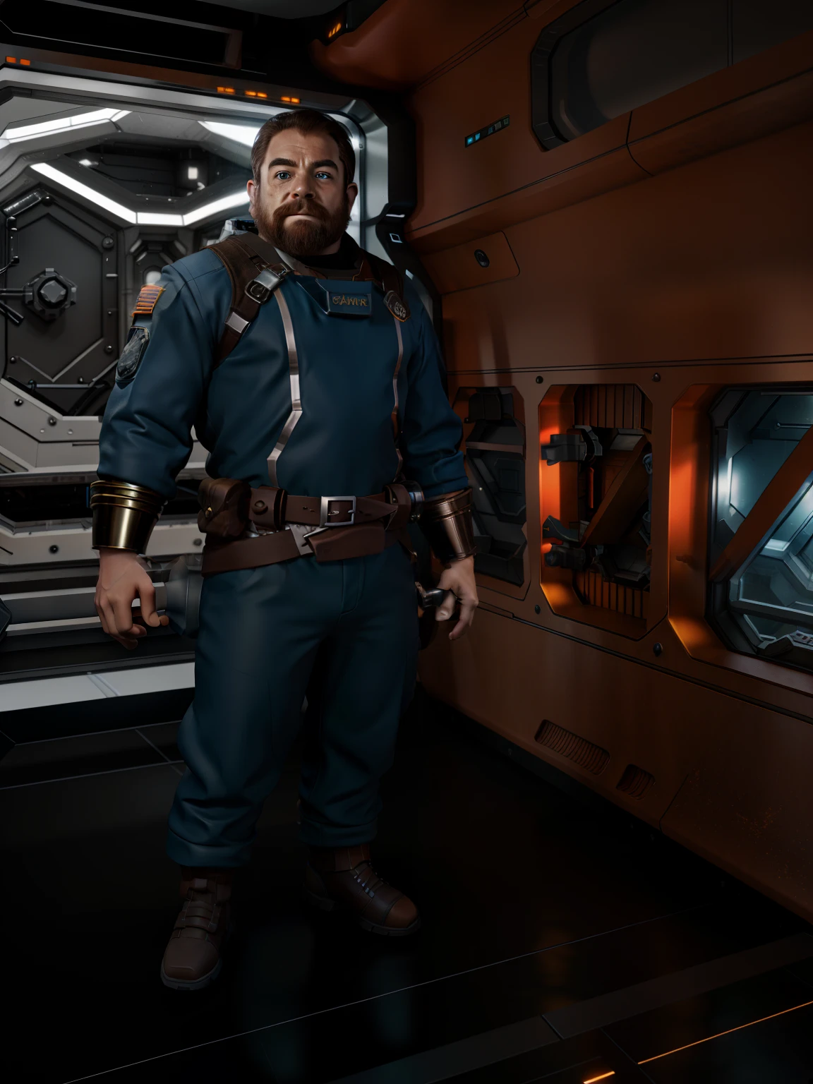 Dwarf male engineer, dwarf officer, 3d render, 3d character, scifi character, engineering space, starship, space station, broad squat man, brown hair man, engineer uniform