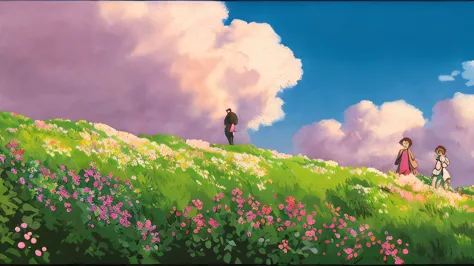 Realistic, authentic, Beautiful and amazing landscape oil painting by Studio Ghibli Hayao Miyazaki&#39; Romantic sunset, lilac pink with elk shades of flowers, Grove near the village, girl looking at the sky
