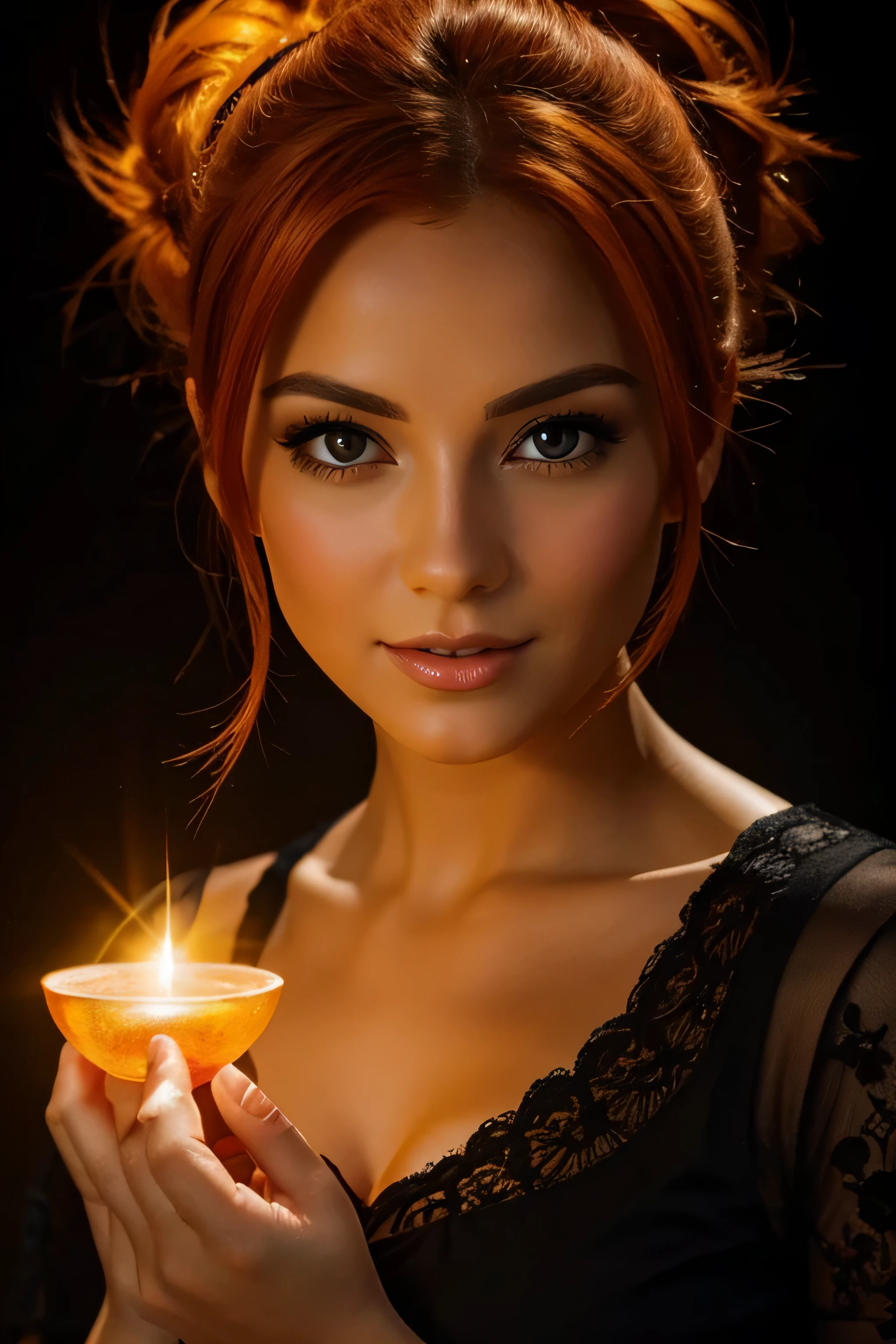 a painting of a colorful beautiful orange-haired woman  on a black background, breathtaking rendering, within a radiant connection, inspired by Kinuko Y. Craft,, magical elements, kitten icon, wow, is beautiful, casting a multi colorful spell, bright flash, flash