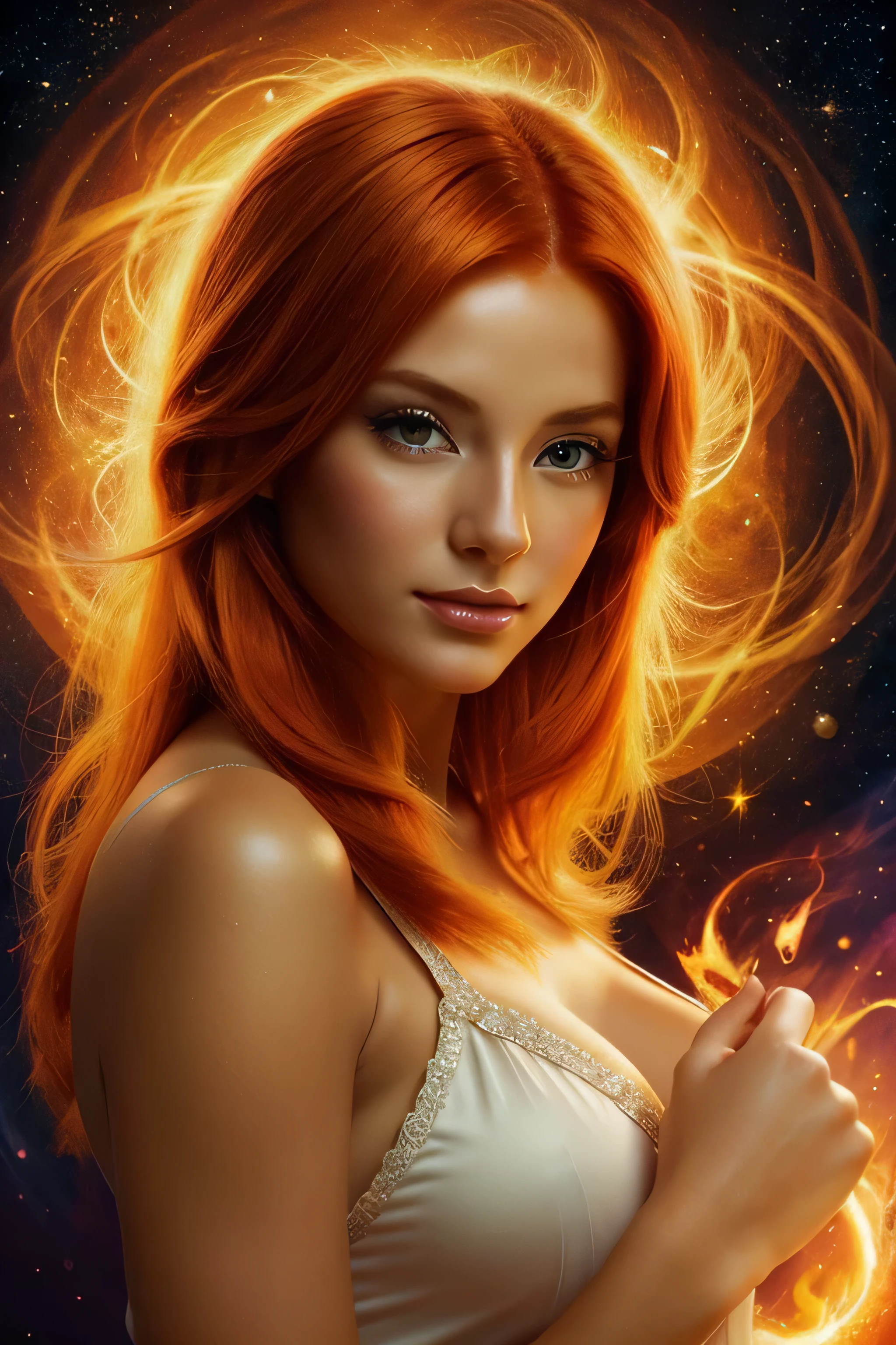 une peinture d&#39;une belle femme colorée aux cheveux orange, rendu époustouflant, dans une connexion rayonnante, inspiré de Kinuko Y. Artisanat,, éléments magiques, icône de chaton, Ouah, est beau, lancer un sort multicolore, bright éclair, éclair