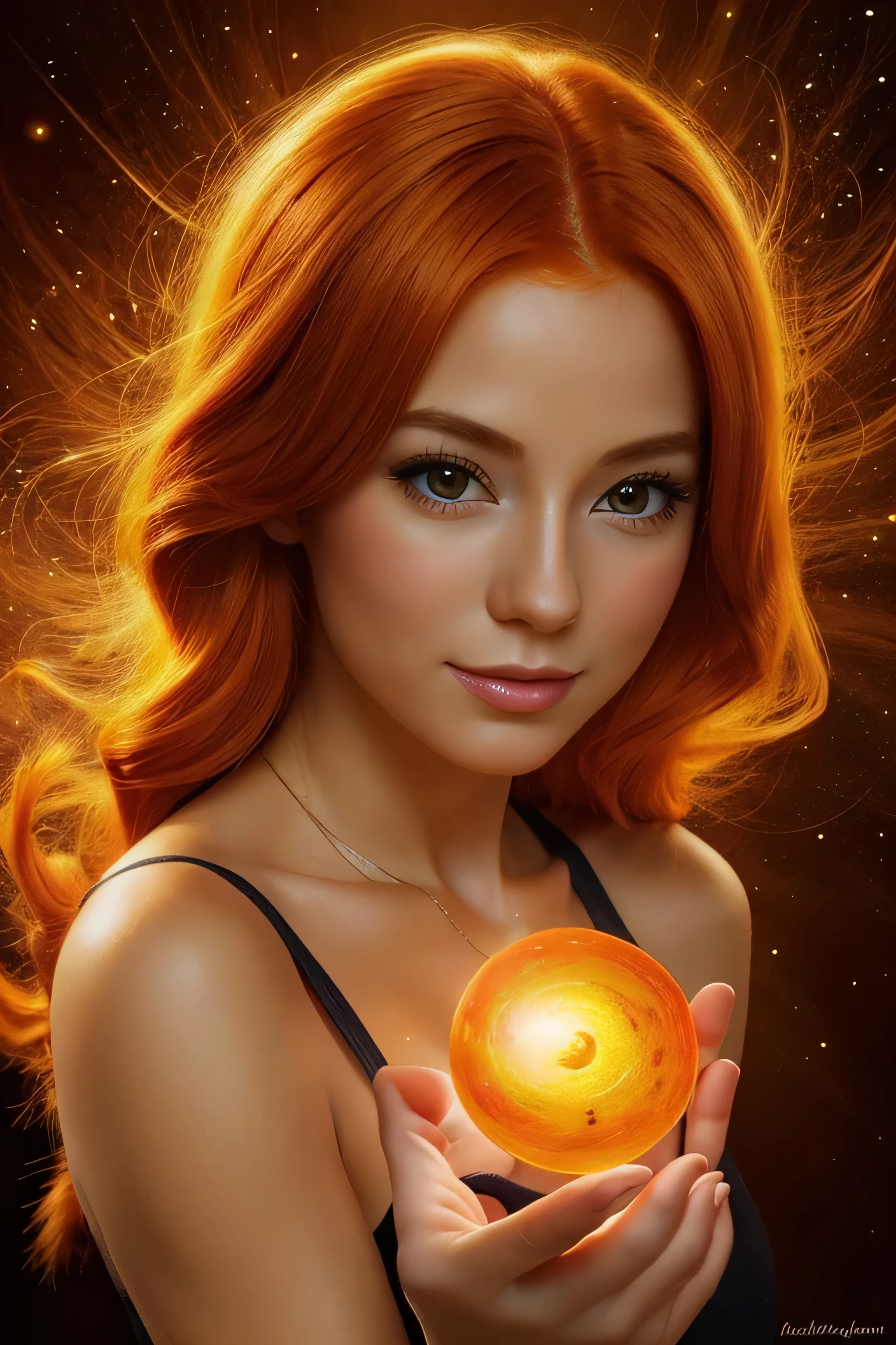 une peinture d&#39;une belle femme colorée aux cheveux orange, rendu époustouflant, dans une connexion rayonnante, inspiré de Kinuko Y. Artisanat,, éléments magiques, icône de chaton, Ouah, est beau, lancer un sort multicolore, bright éclair, éclair