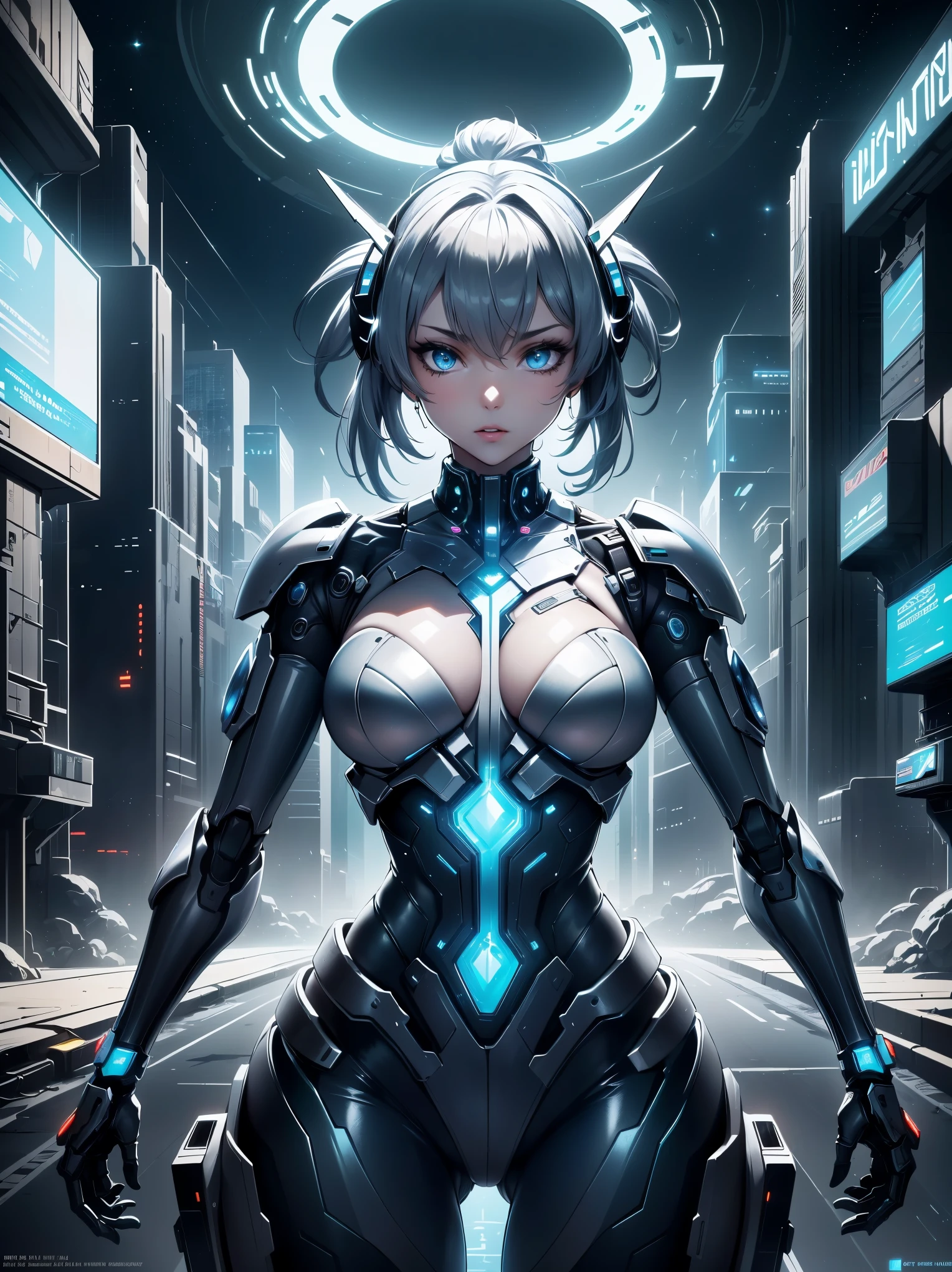 (8k), (Best Quality), (Masterpiece: 1.2), ((ultra realistic)), Futuristic mecha girl on neon-lit sci-fi cover, Style (Cyberpunk:1.3), Wear a mecha battle suit with shiny details, posing sensually, Big breasts and big tail (muslos hechizantes whole body) whole body, White details, , blue, (detailed futuristic),(in a battle, alien space)