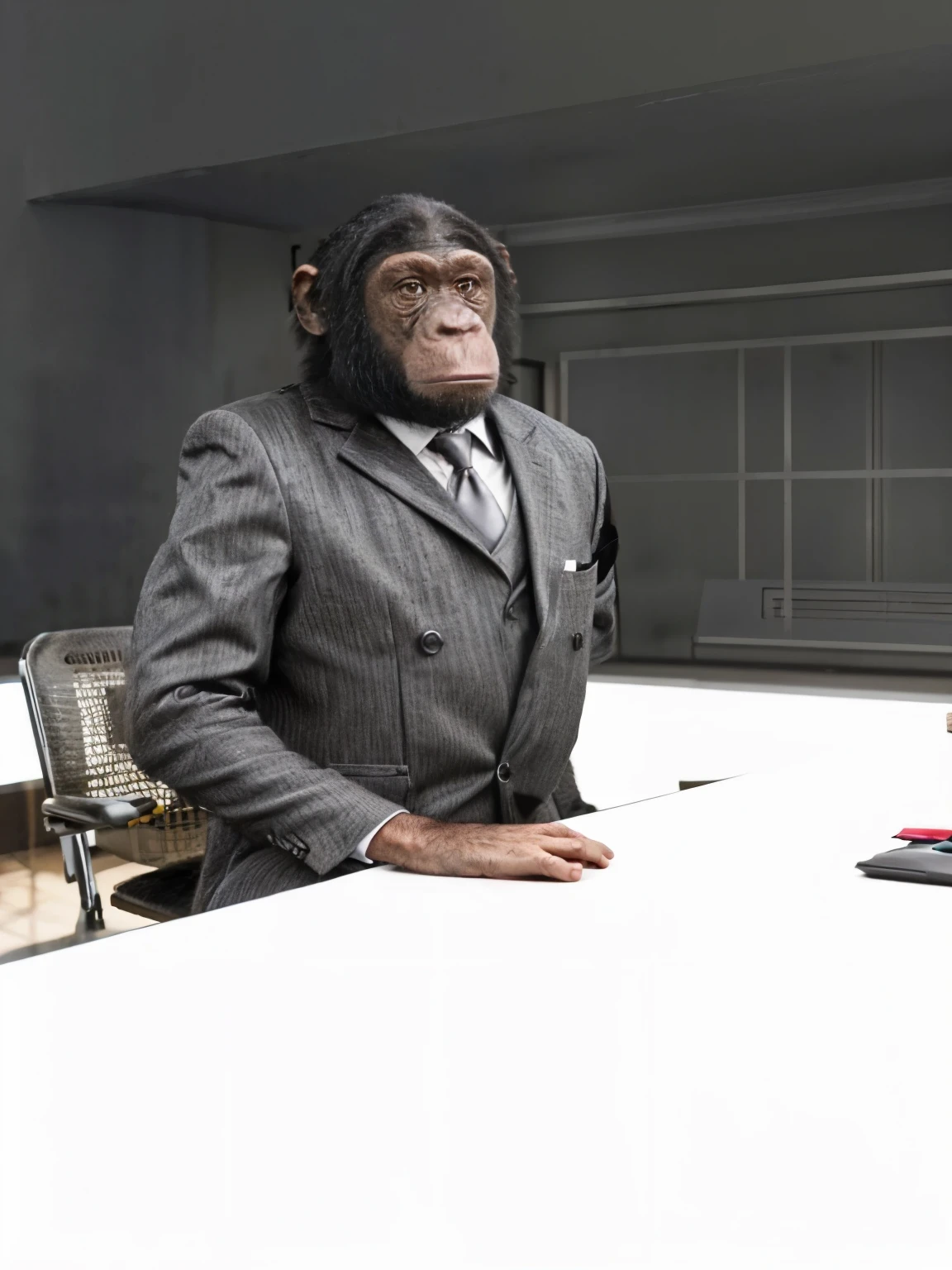 arafed image of a ape in a suit and tie sitting at a table, bored ape, chimpanzee wearing a suit and tie, subject= chimp, bored ape nft, monkey dressed as a scientist, realistic cgi, wearing a strict business suit, brown and black fur, humanoid monkey fantasy race, depicted as a 3 d render, 3d cgi, 3 d cgi