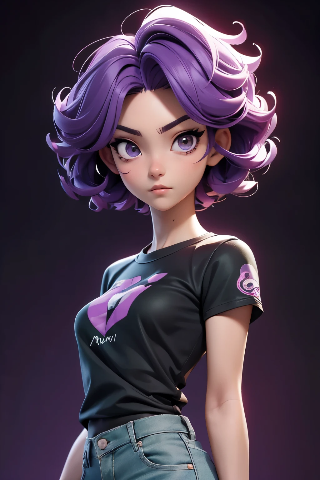 Realistic anime, 1girl, beautiful face, muscular slender body, hair style : very short hair Tapered With Fade And Textured Curls, 21 year old, anime style background , full body focus, well detailed, high resolution 8k, age:23, jersey t-shirt color : violet with white, black, green, background : red lighting ,