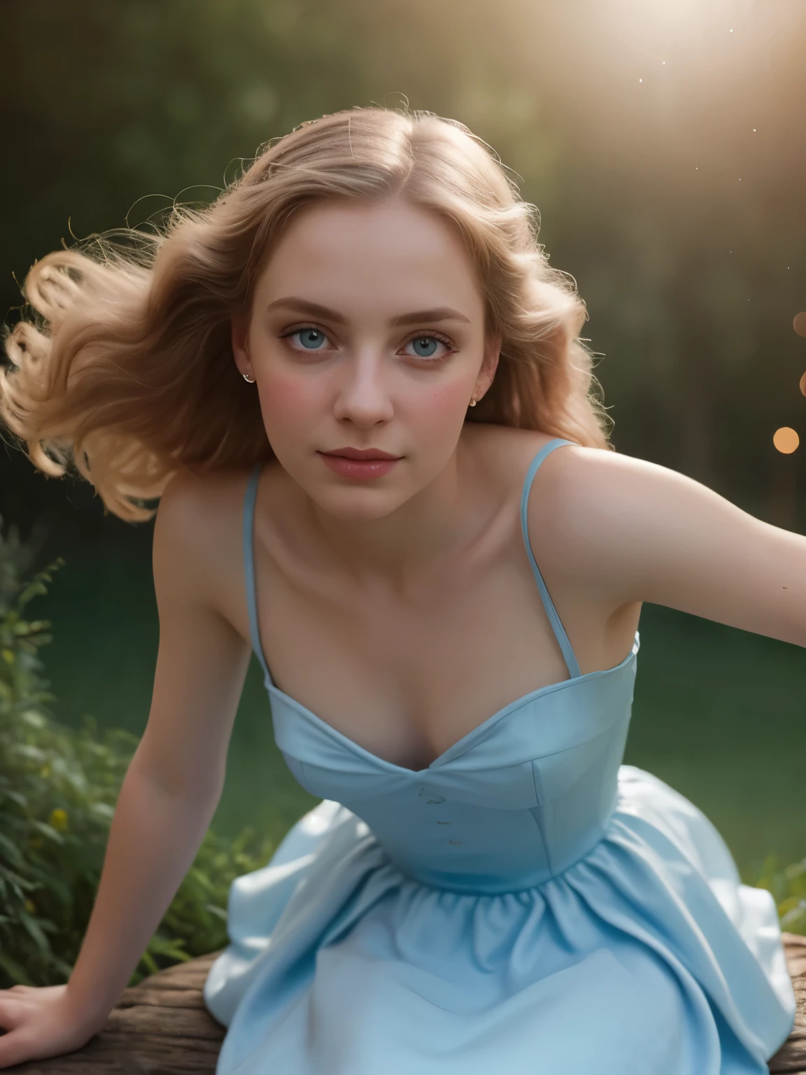 (Realistic:1.2), Photorealistic, Alice in Wonderland, view from bottom, cute sexy, small blue dress, cinematic lighting, ethereal light, complex parts, extremely detailed, full color, surrealistic detailed fairytale background, rich colors, cinematic, detailed beautiful eyes and perfect face, anslog photo style, depth of field, bokeh, 16k best quality