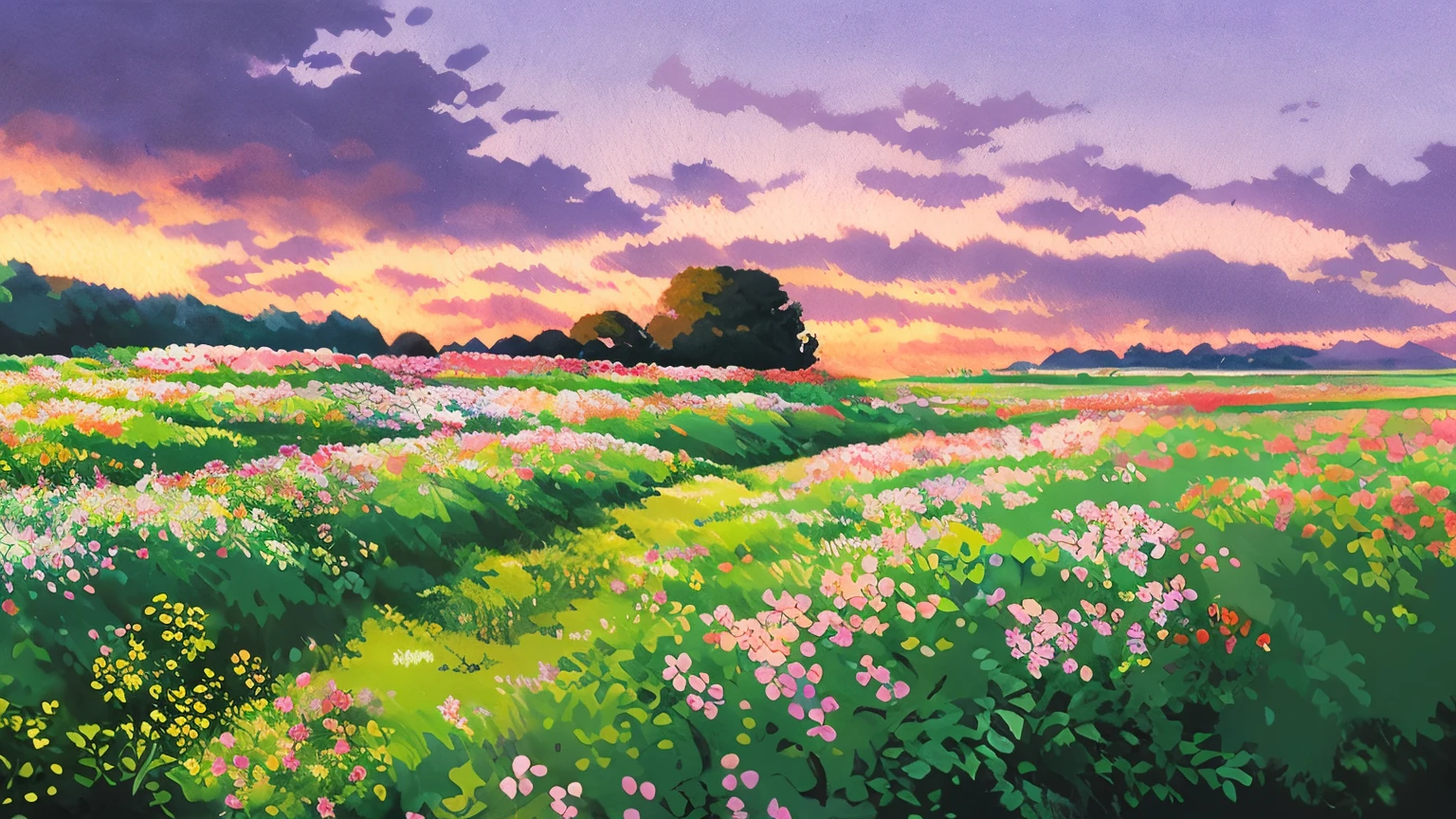 realistisch, authentisch, Wunderschönes und erstaunliches Landschaftsölgemälde von Studio Ghibli Hayao Miyazaki&#39; romantischer Sonnenuntergang, lila-rosa mit elchfarbenen Blüten, Hain in der Nähe des Dorfes, Mädchen schaut in den Himmel