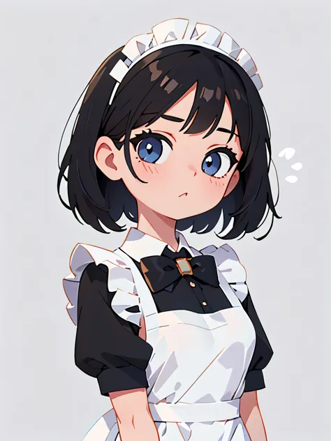 1 girl, upper body, big face, black hair, white dress, white apron, black bow, Simple background
