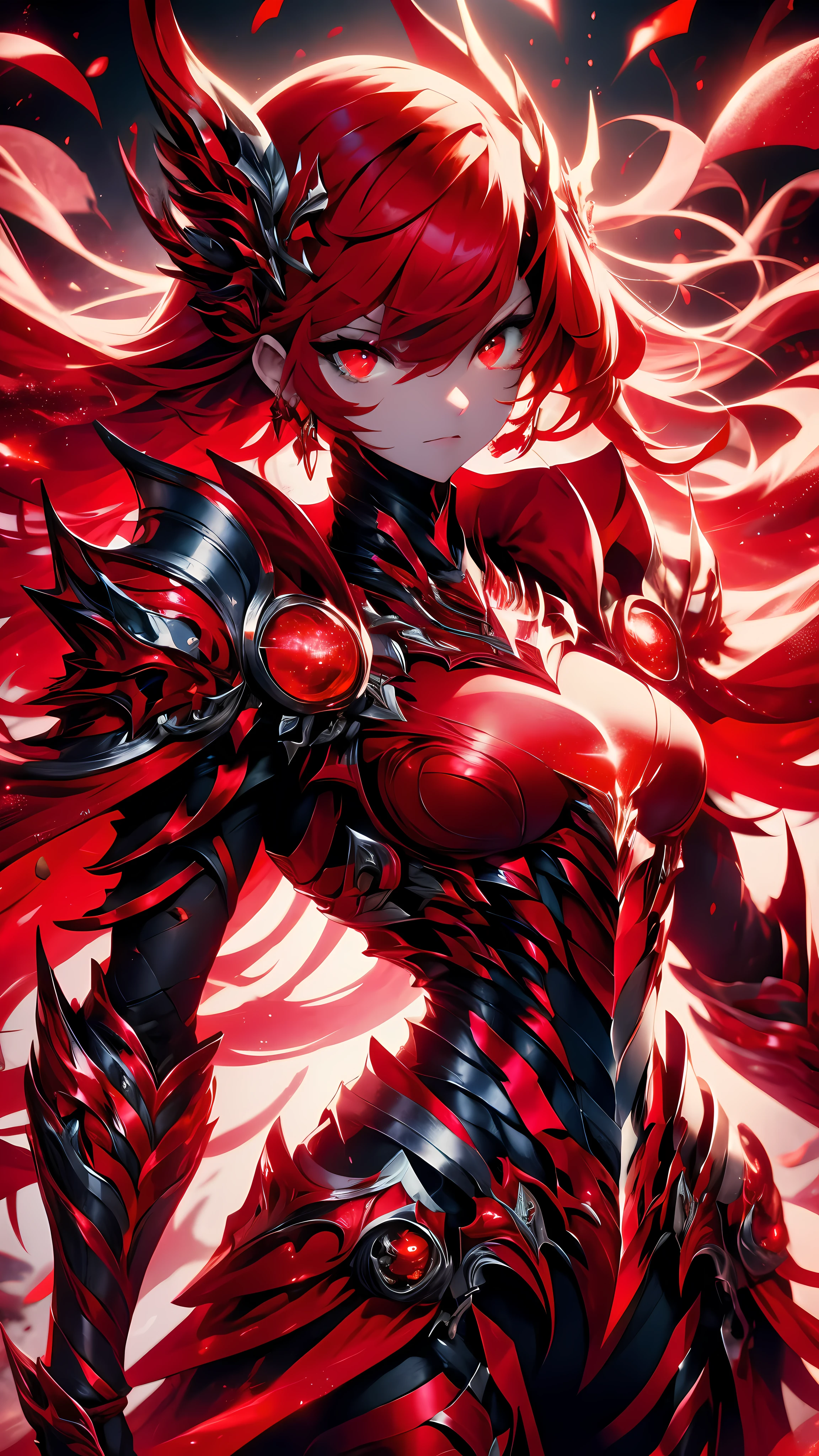 1girl,red hair,red eyes,red armor,full body view,awesome background,(best quality:1.2),ultra-detailed,super sharp,light particles,masterpiece,perfect eyes,portrait,red color palette, dramatic lighting