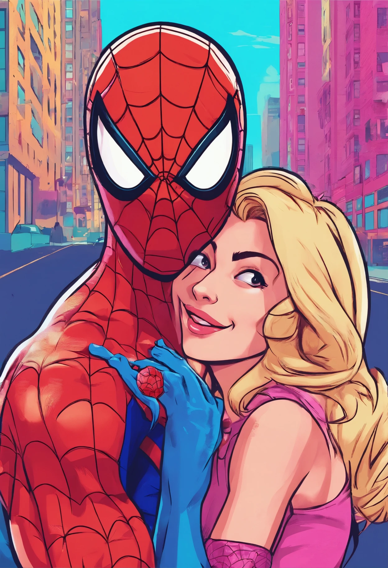 Araña - hombre y chica rubia abrazándose en la ciudad - SeaArt AI