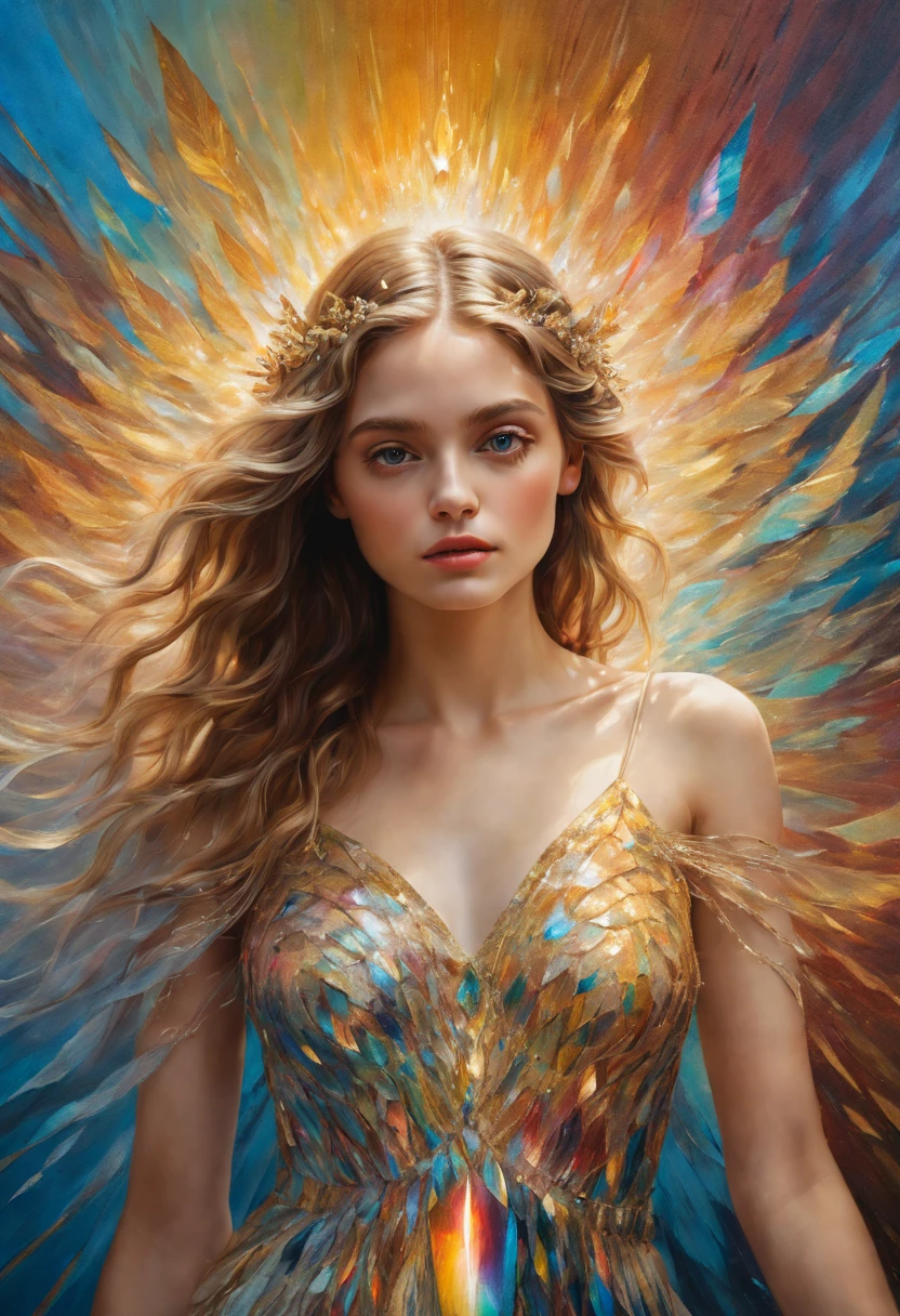A breathtakingly detailed shot of an iridescent oil painting brings to life a divine girl, her ethereal aura radiant with divinity. With a face following the golden ratio and divine proportions, her countenance captivates with masterful brushwork. Her short dress flutters gently, its vibrant textures complementing the emotive depth conveyed in her expressive gaze. Dynamic composition pervades the artwork, with rich hues filling the canvas in a dramatic contrast. Crystal particles glitter at the edges, their refracted light playing against the backdrop of a vibrant background. Full motion effects add a captivating element, as if the scene comes alive in a diagonal